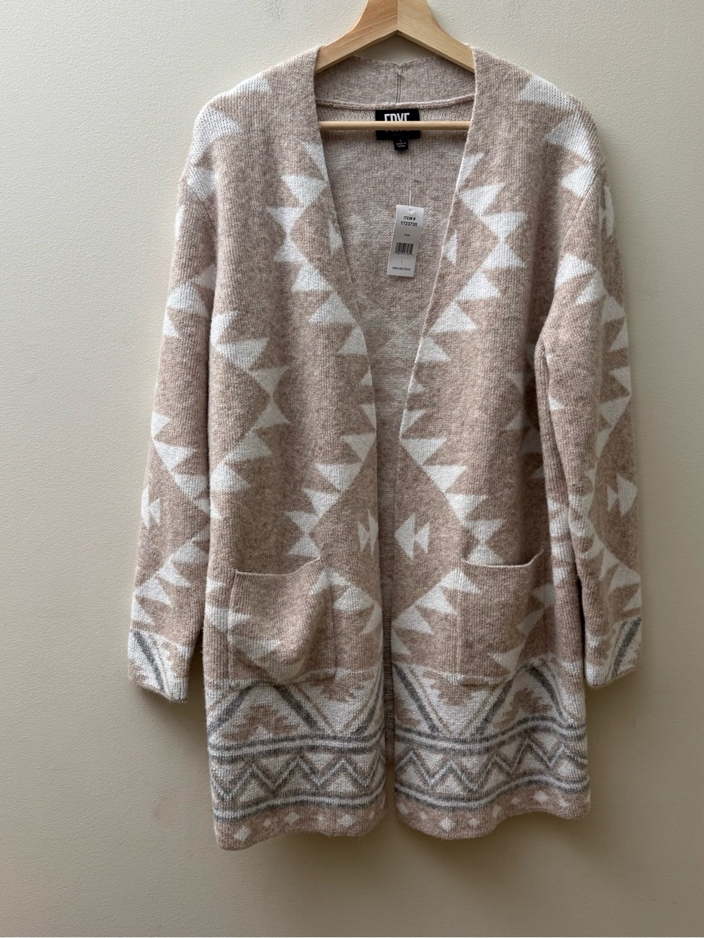 Frye Beige and White Aztec Open-Front Cardigan